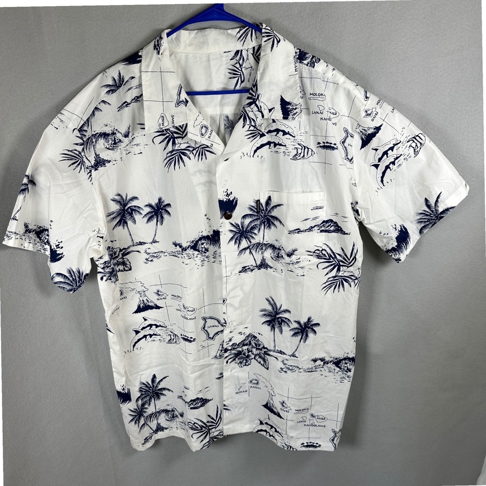 Palmwave Hawaiian Shirt Mens XXL White Navy Map Print Cotton Tropical EUC